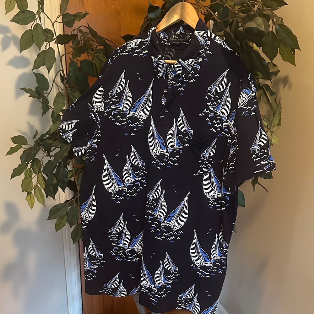 Polo by Ralph Lauren Navy and White Sailboat Print Short Sleeve Button-Up